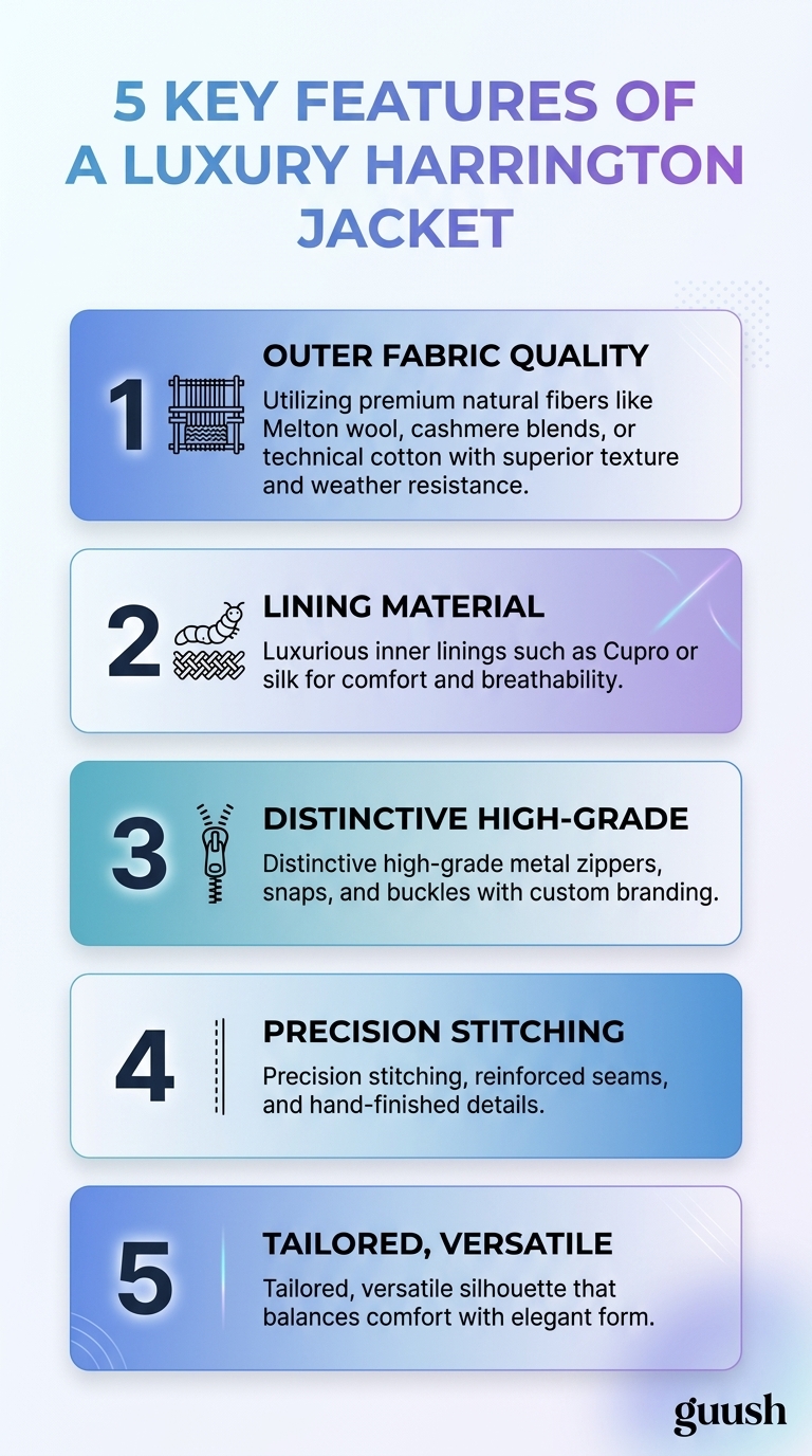 Infographic: 5 key features of a luxury Harrington jacket—construction and fabric guide.