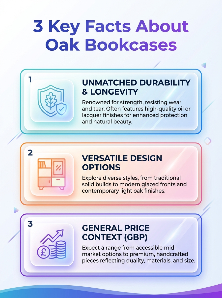Infographic showing 3 key facts about oak bookcases, including durability, style, and price.
