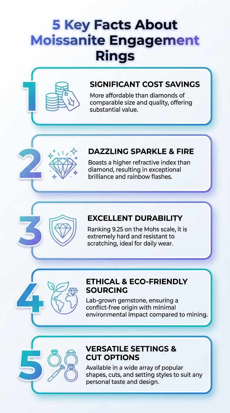 Infographic: 5 key facts about moissanite ring engagement - durability, brilliance, price, care, and diamond comparison.