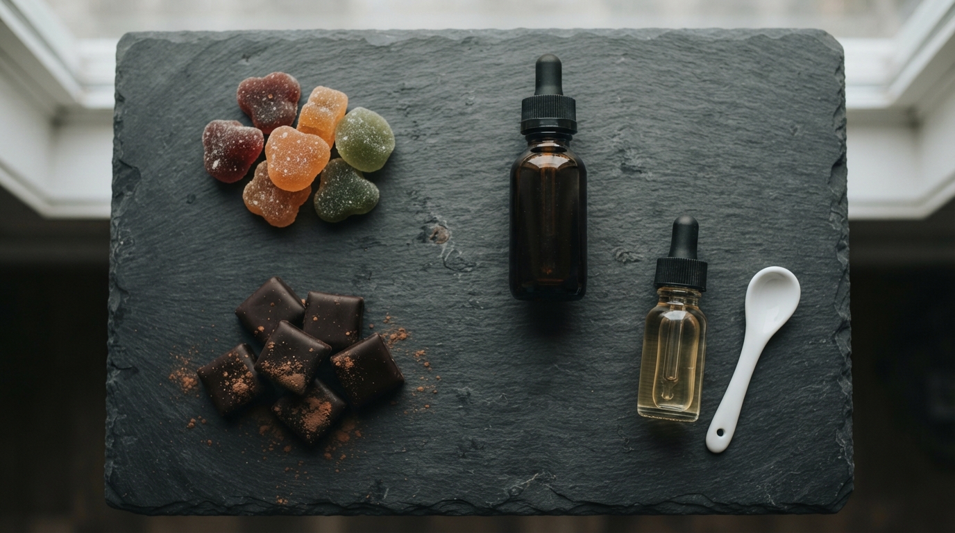Unbranded gummy sweets, chocolate squares, a small syrup bottle and oral drops arranged separately on a slate surface