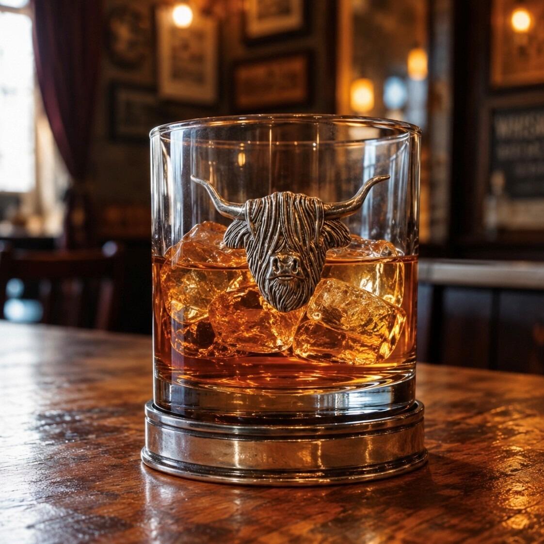 Signature pewter whisky tumbler with Highland cow emblem
