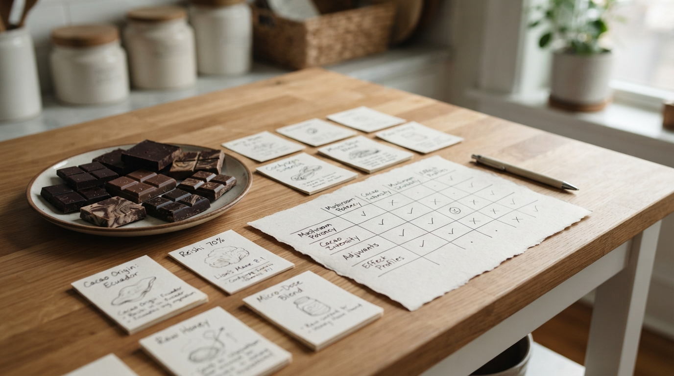 Unbranded mushroom chocolate squares in several cacao shades sit beside ingredient cards and a handwritten comparison chart