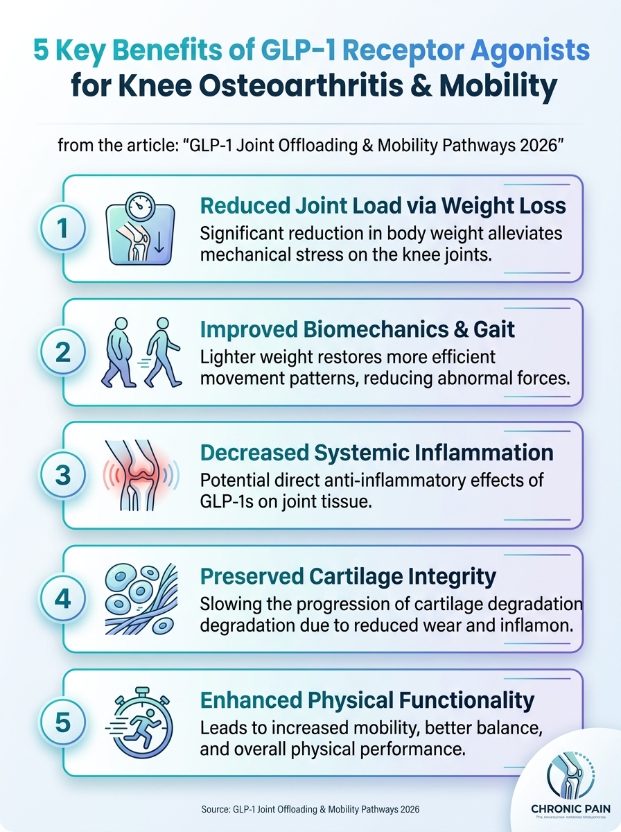 Infographic showing 5 key benefits of GLP-1 receptor agonists for knee OA, joint offloading, and mobility.