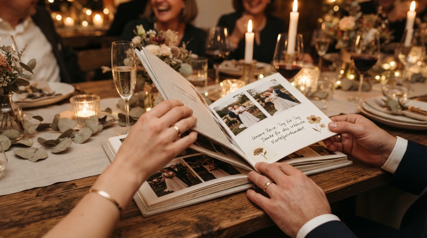 Nahaufnahme von Händen, die ein Fotoalbum mit handgeschriebener Widmung auf einem festlich gedeckten Holztisch zum