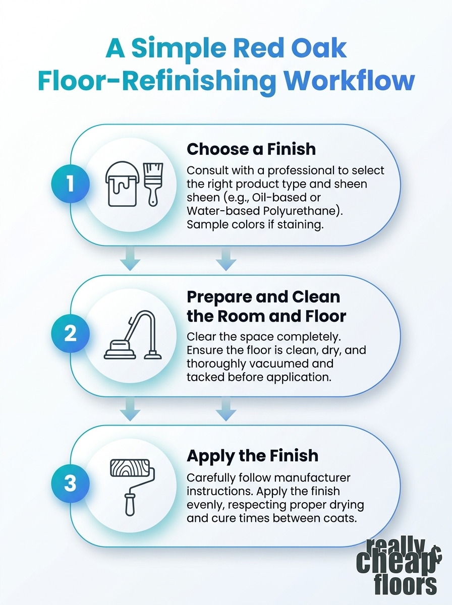 Infographic showing a simple workflow for how to refinish red oak flooring, from sanding to sealing.
