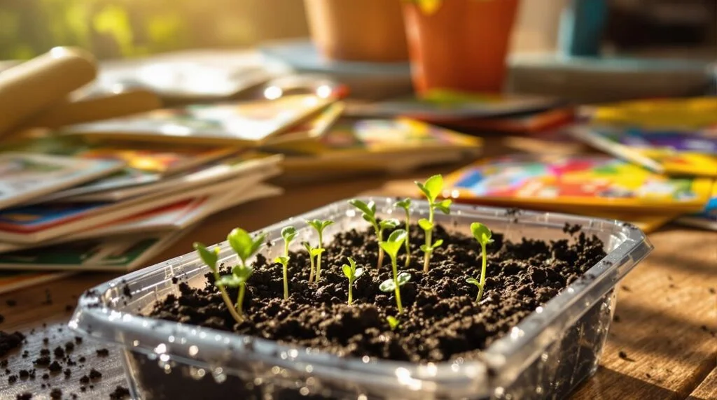 Young seedlings growing in dark soil inside a clear tray