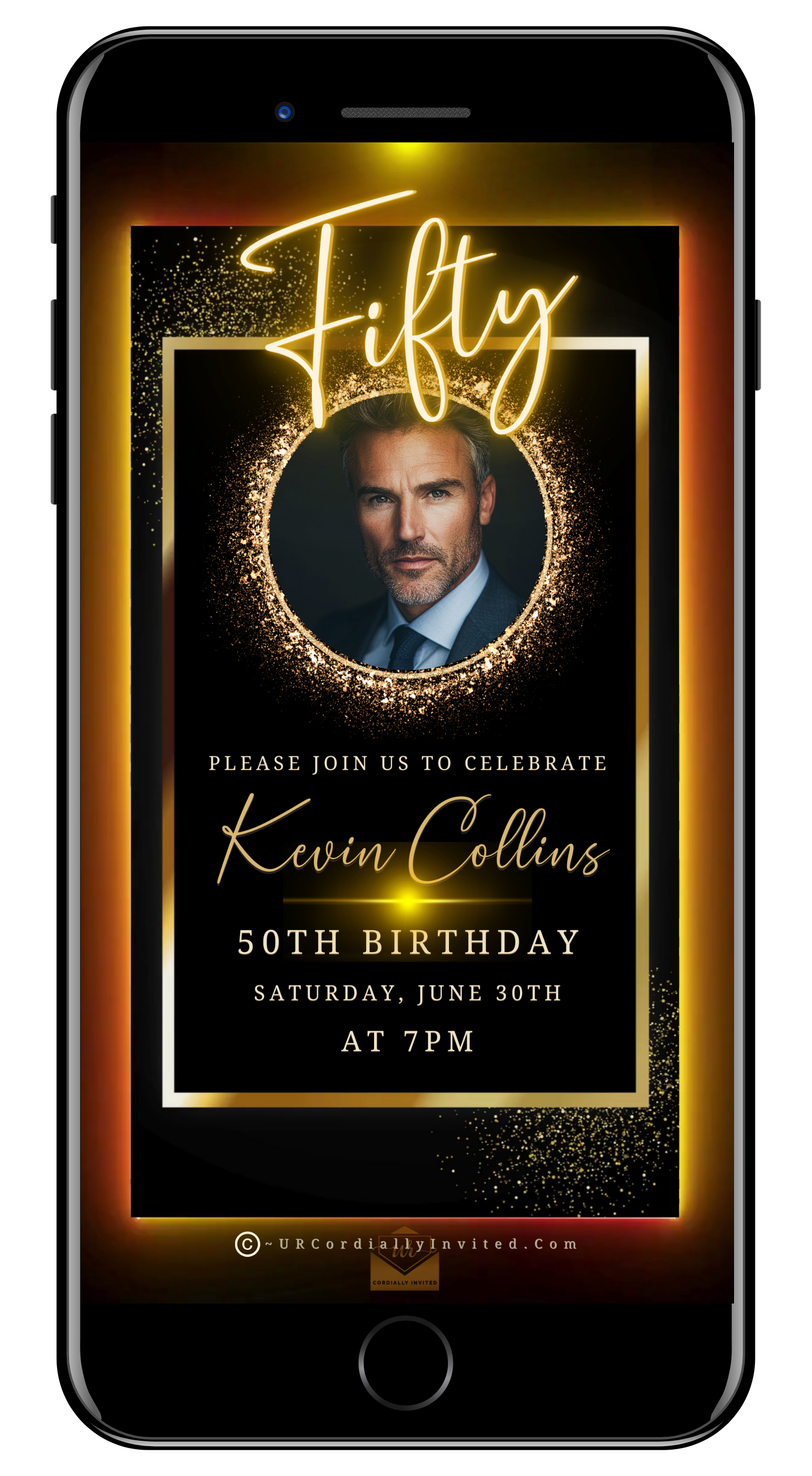 50th Birthday Video Invitation Black and Gold Oval Photo Frame with man in suit