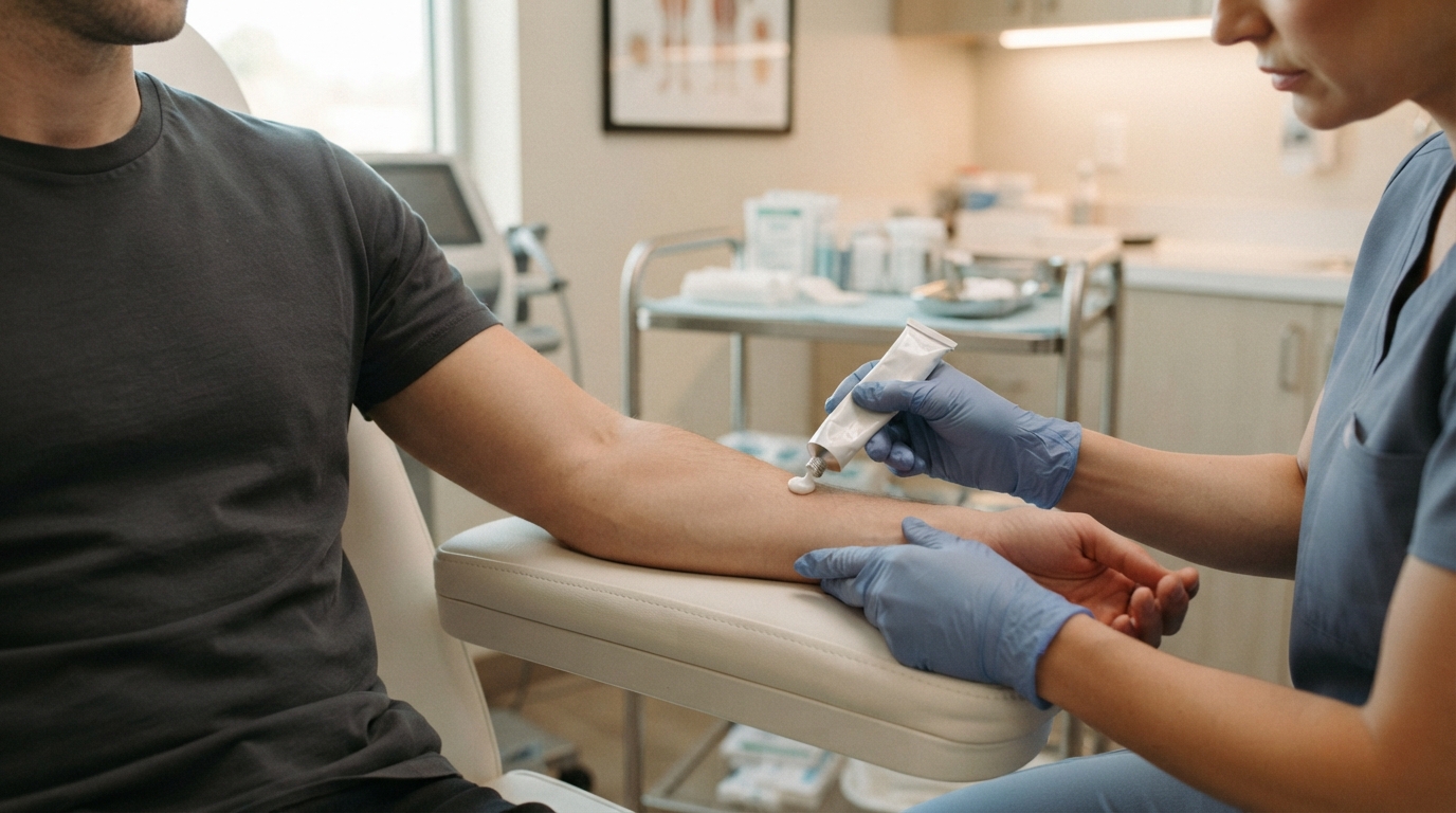 A gloved practitioner applies a small amount of plain white numbing cream to a patient's forearm in a softly lit treatment