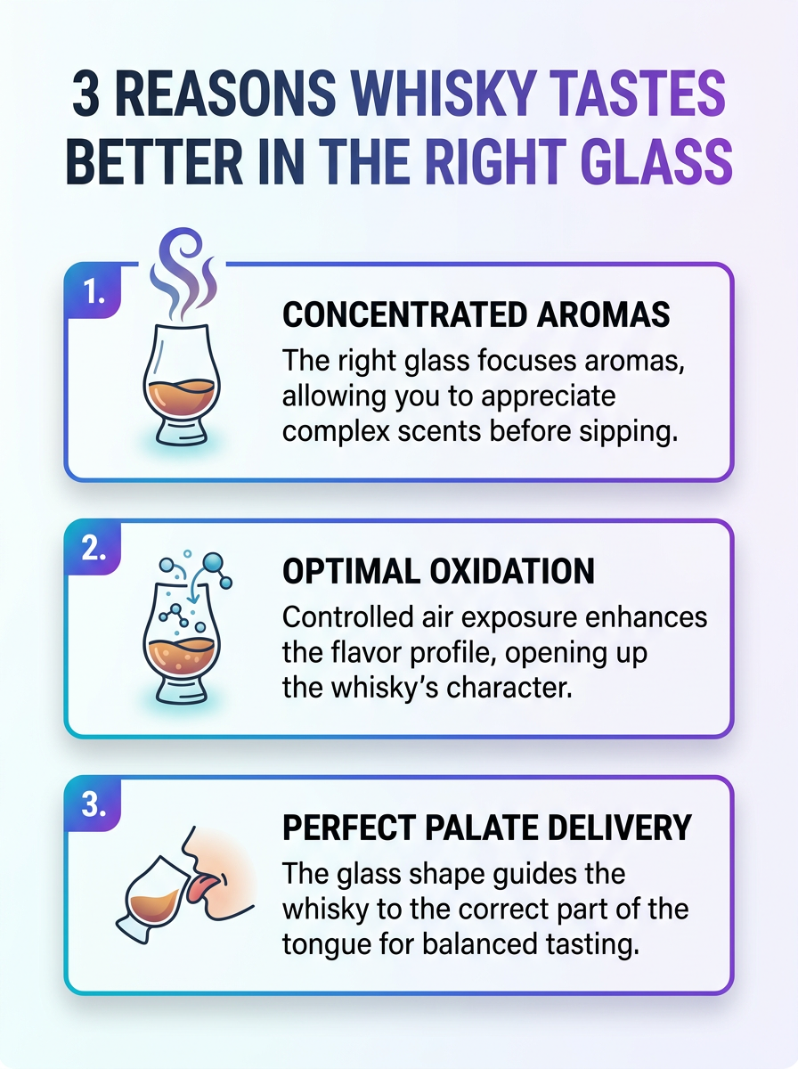 Why Whisky Tastes Better in the Right Glass infographic: 3 reasons - aroma, temperature, and sip technique.
