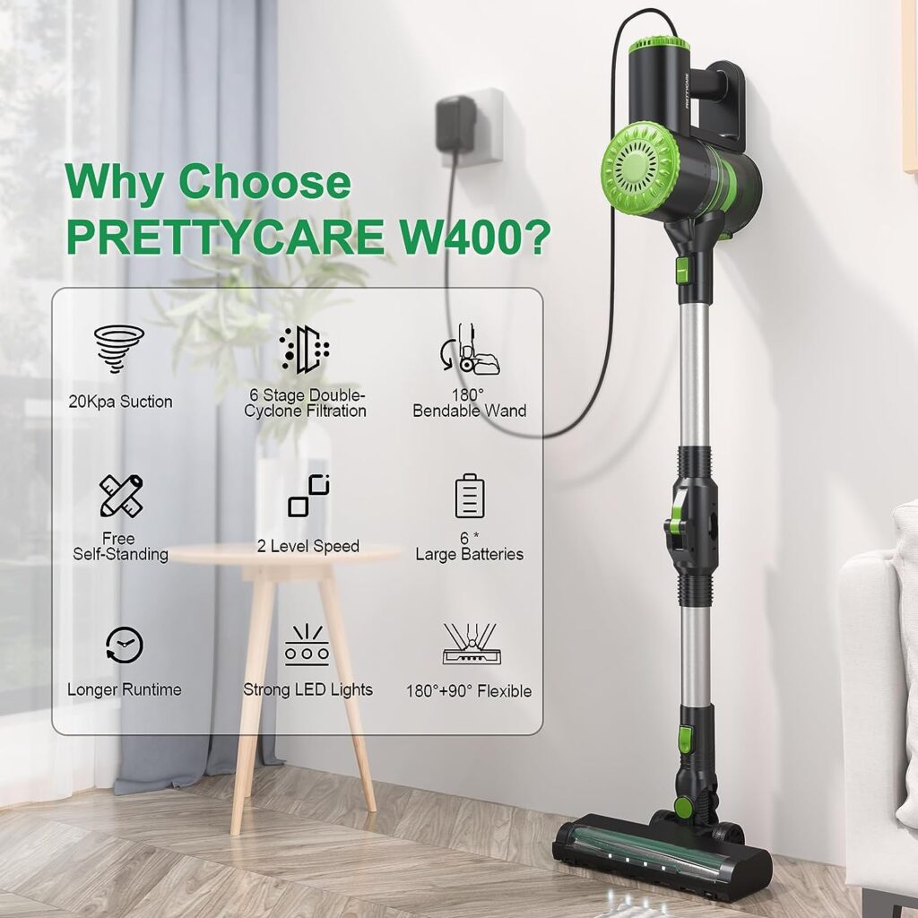 PRETTYCARE cordless vacuum in green - full unit view