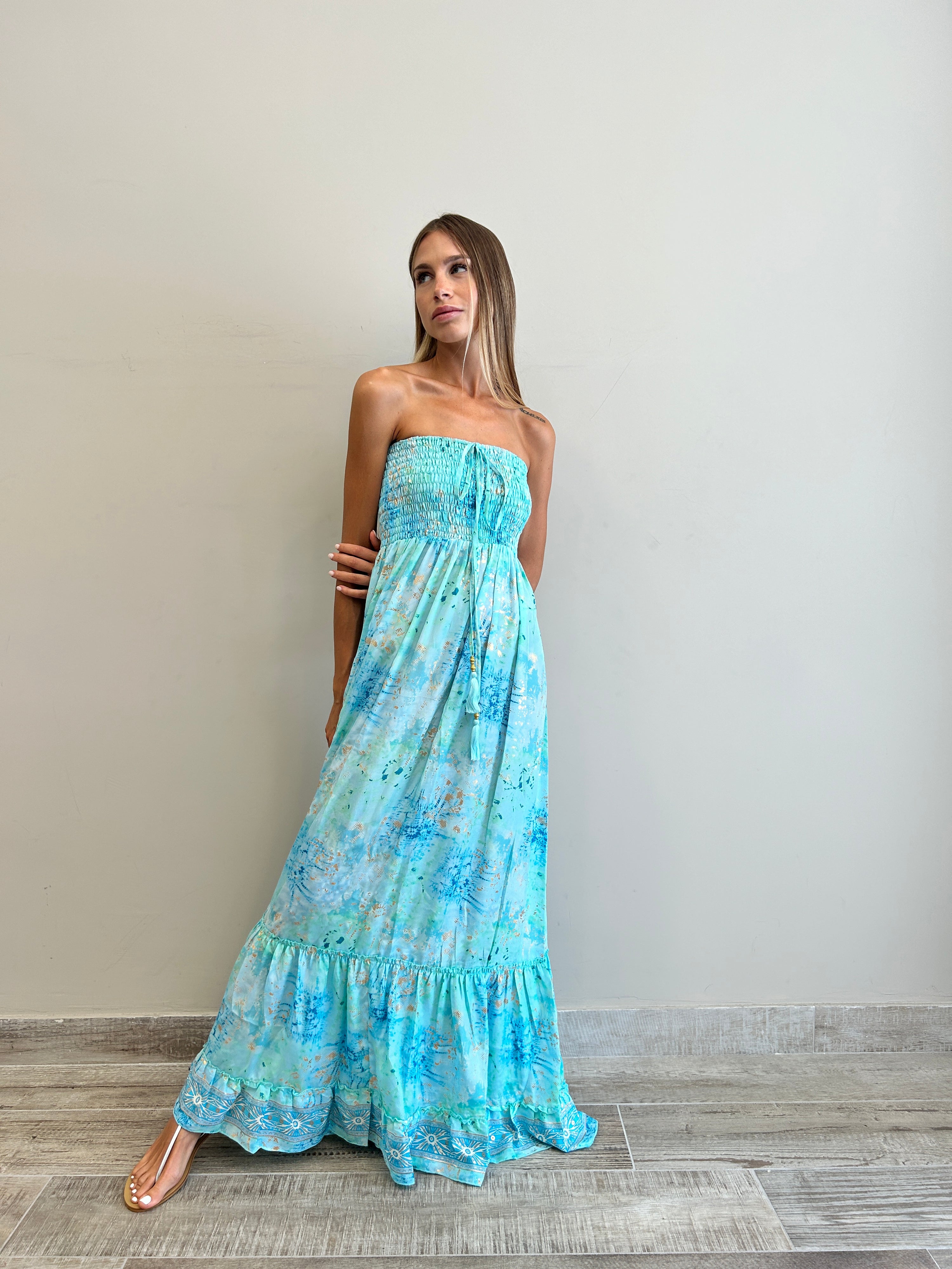 Abito lungo boho seta Tie Dye Turquoise outfit Ibiza estate