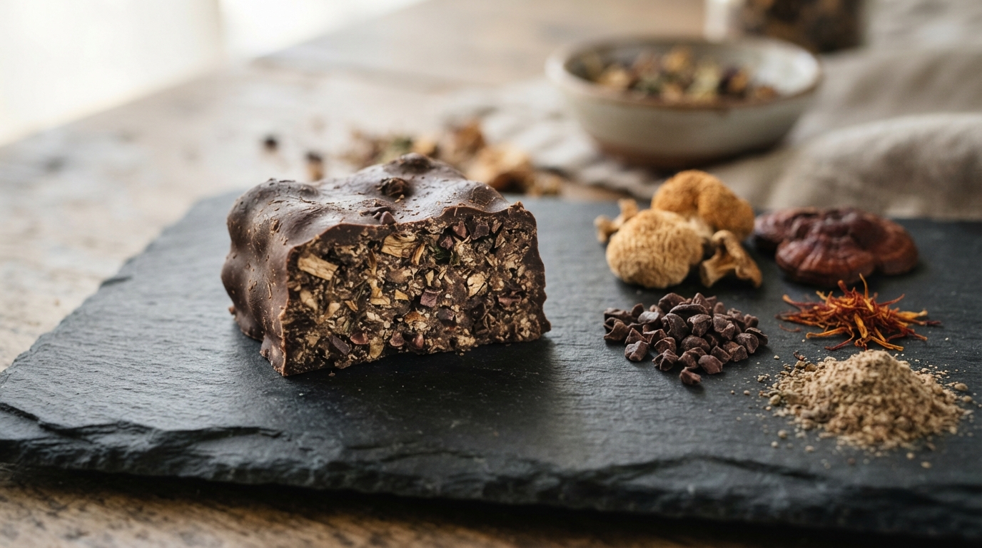 A close-up shows the textured cross-section of a mushroom chocolate square beside a short ingredient list on a dark slate