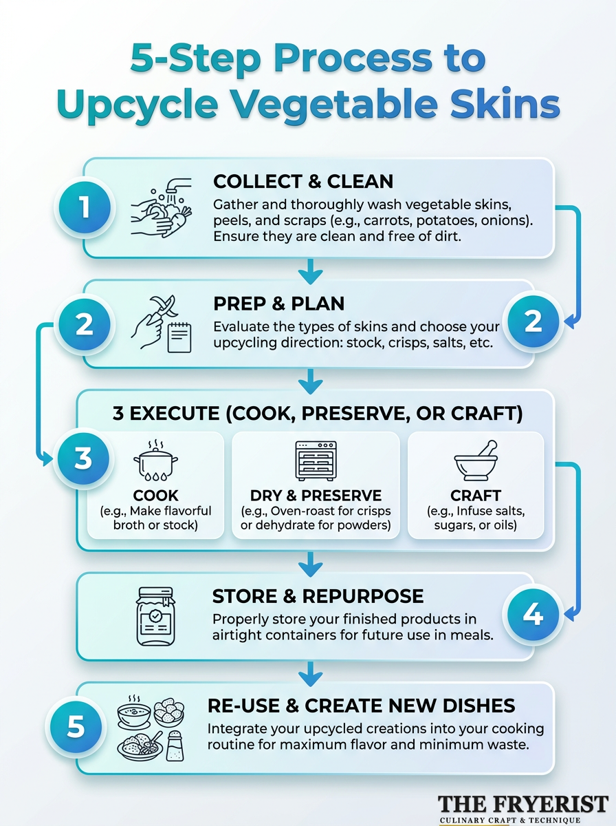 Infographic: 5-step process to upcycle vegetable skins for Zero-Waste Vegetable Skin Upcycling.