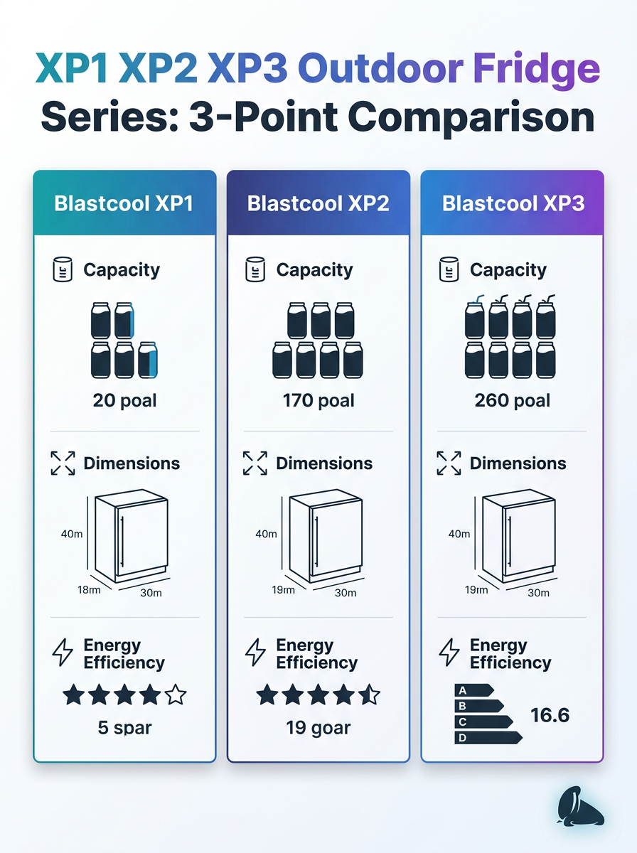 Blastcool XP1 XP2 XP3 Outdoor Fridge Series: 3-point comparison infographic showing XP1, XP2, XP3 specs and features.