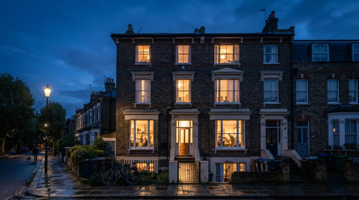 A wide dusk view of a Victorian North London house divided into shared flats, illuminated windows revealing communal rooms