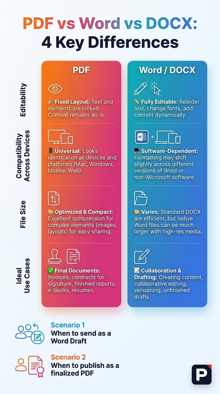Infographic showing pdf vs word vs docx: 4 key differences and when to use pdf, pdf vs word, and pdf vs docx.