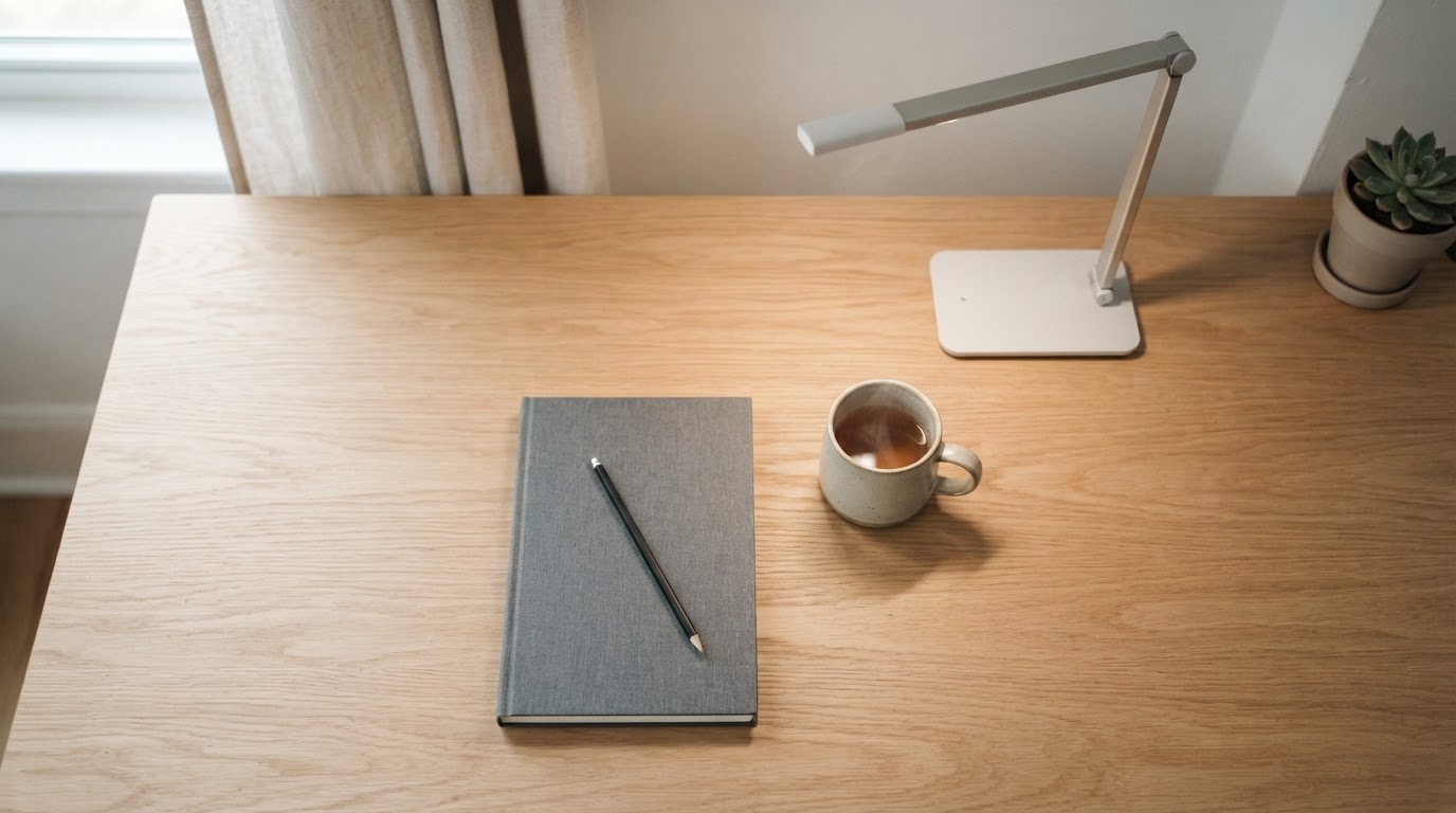 A top-down view of a pale wood desk with a closed notebook, pencil, ceramic cup, and neatly aligned lamp, uncluttered in