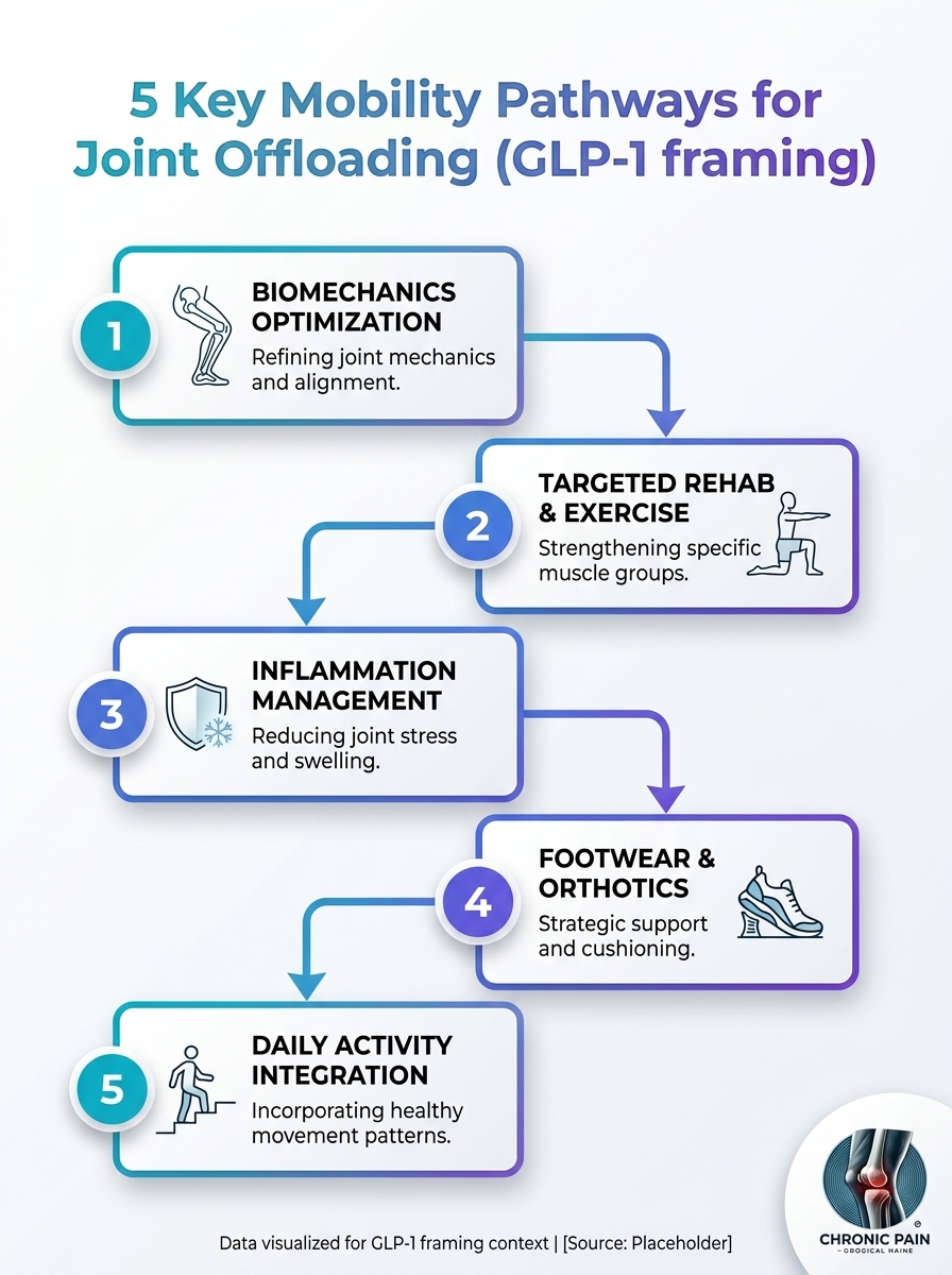 Infographic illustrating 5 GLP-1 Joint Offloading & Mobility Pathways for 2026.