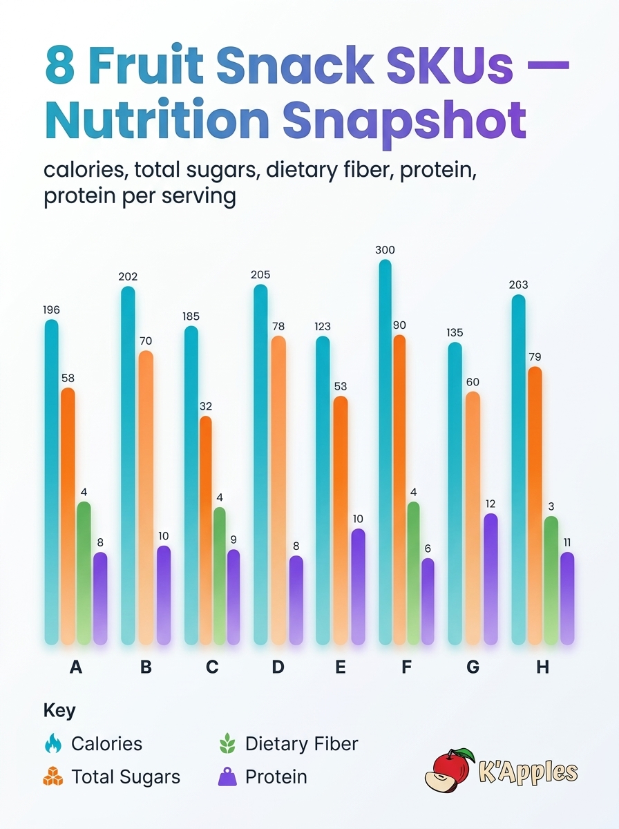 Infographie comparant 8 références de snacks aux fruits : calories, sucres totaux, fibres alimentaires et protéines par portion.
