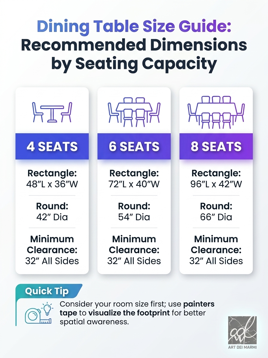 Dining table size guide infographic: recommended dimensions by seating capacity and table measurements.