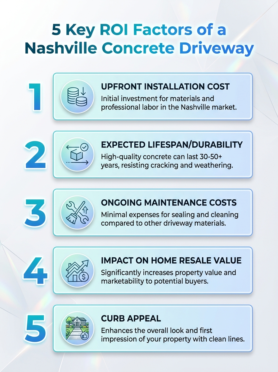 Infographic of 5 ROI factors for a Nashville concrete driveway: cost, durability, maintenance, resale value, install time.