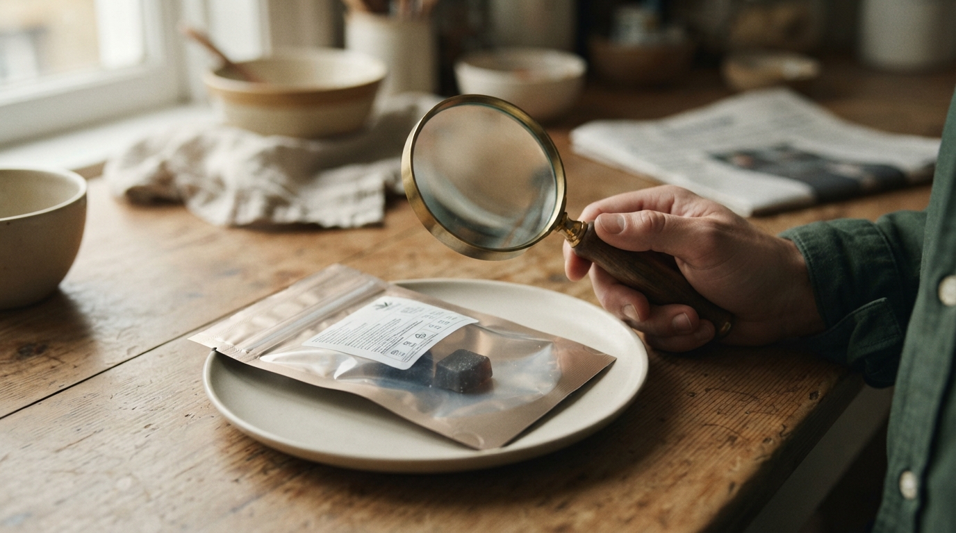 A close-up of an unbranded cannabinoid edible packet beside a magnifying glass, its ingredient and strength label being