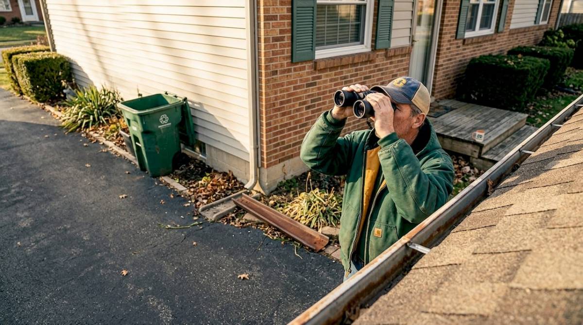 Homeowner examining shingle roof with binoculars