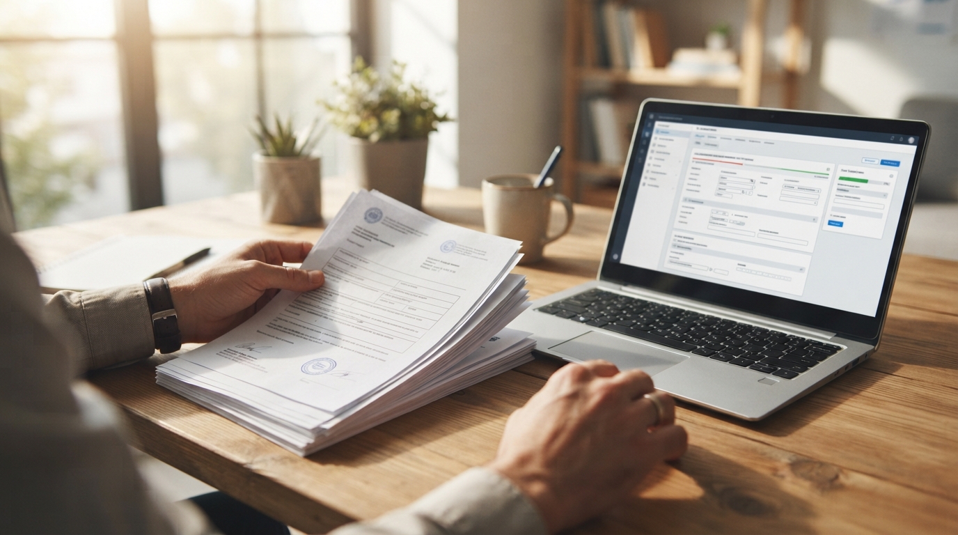 Close-up of hands comparing neatly stacked gambling operator license papers with a laptop showing an abstract application