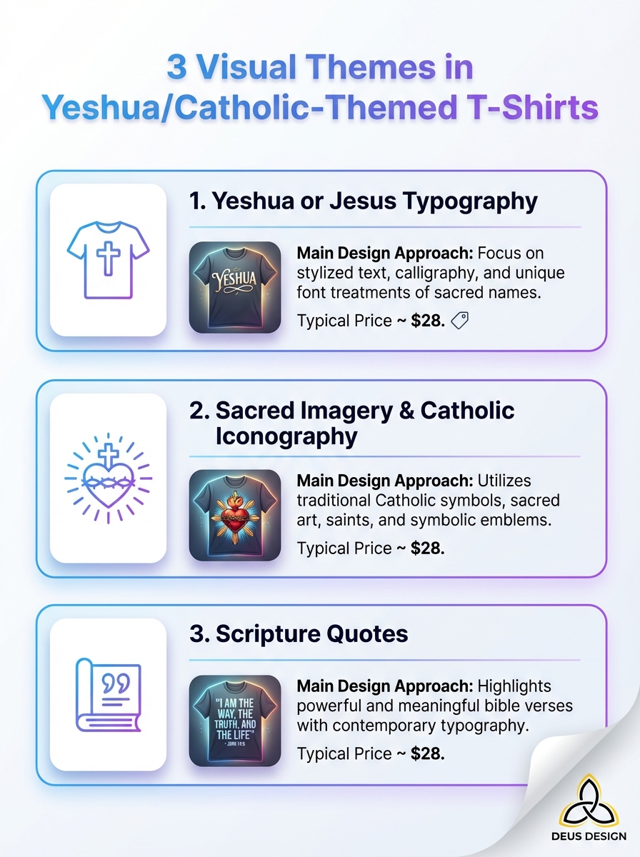 Infographic of three visual themes in Yeshua t shirts and Catholic-themed designs—typography, symbols, imagery.