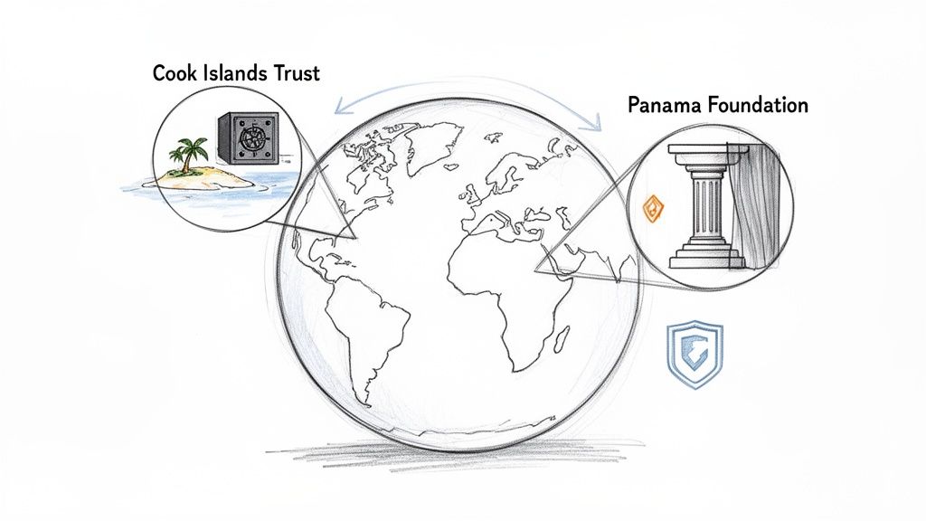 Diagram showing global asset protection strategies with Cook Islands Trust and Panama Foundation.