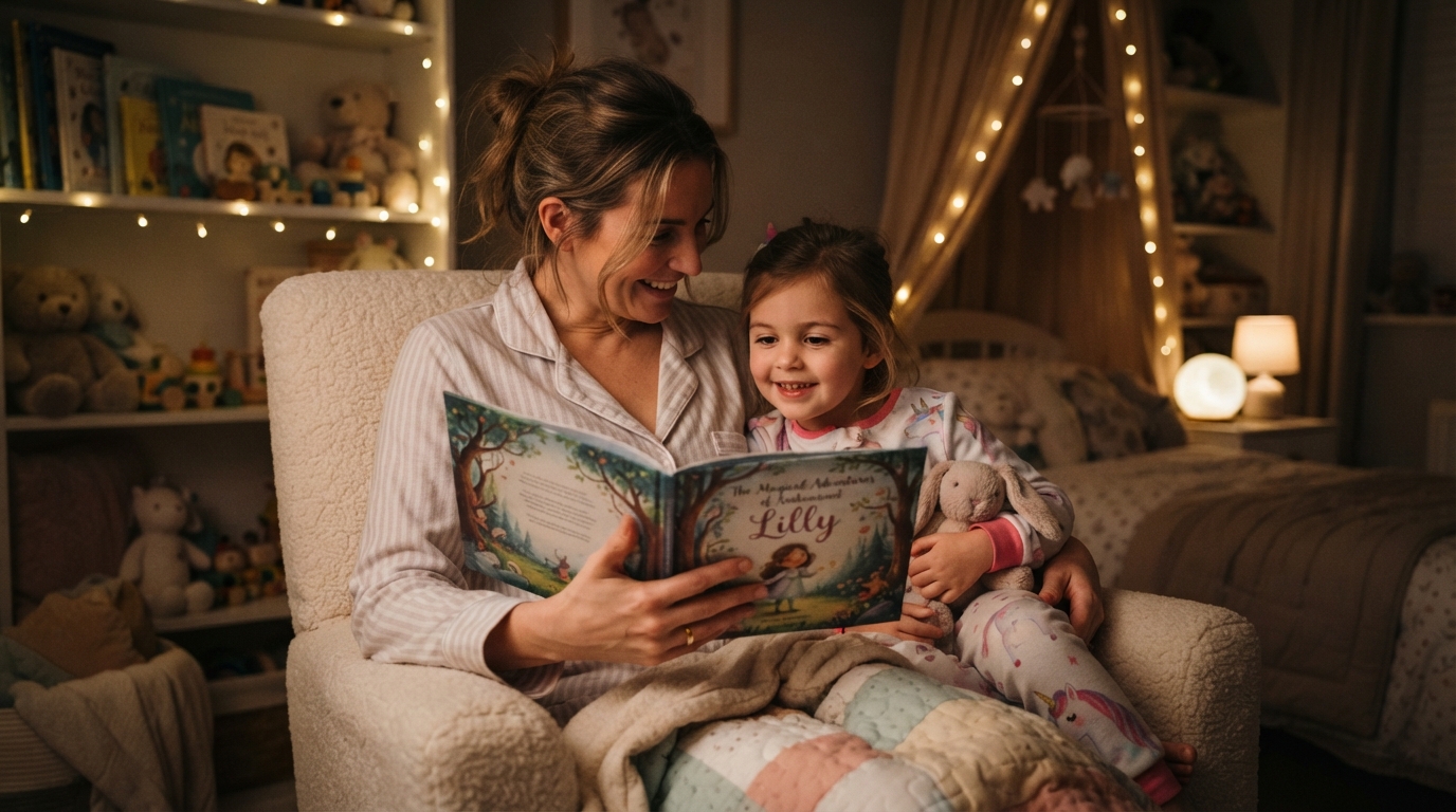 Child listening to a personalised bedtime story with a parent
