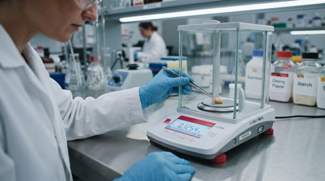 A gloved laboratory technician weighs a small flavored tablet on an analytical balance under cool, precise laboratory
