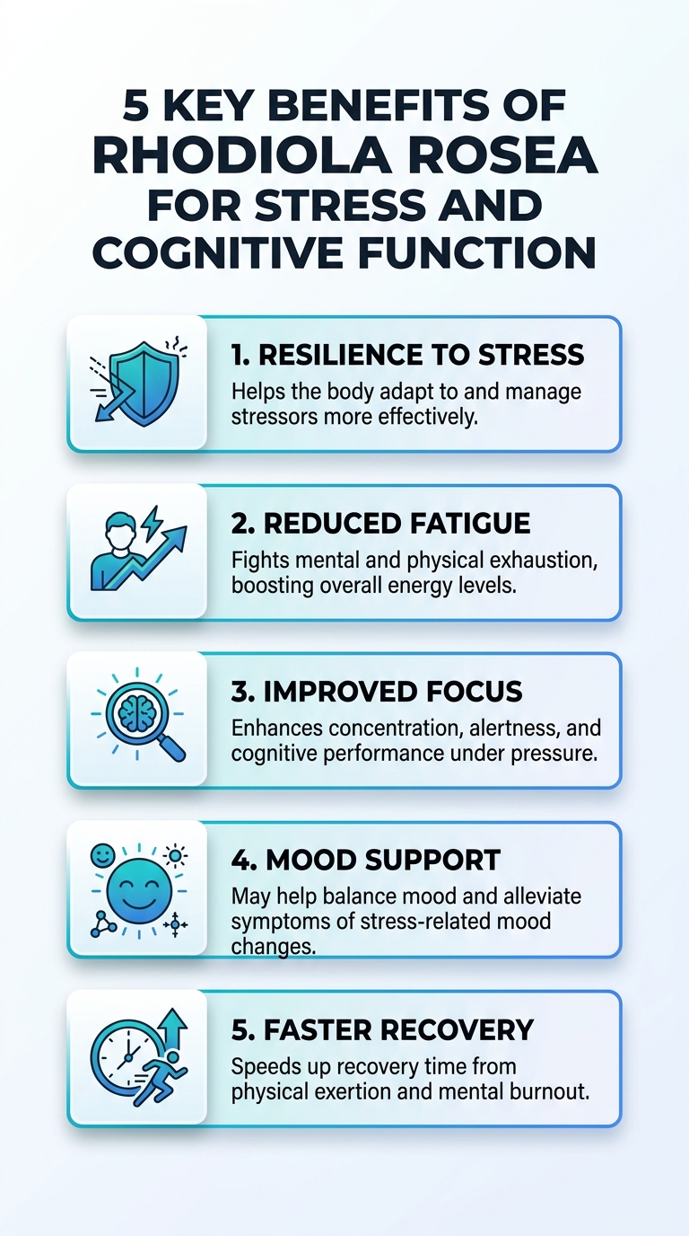 Rhodiola rosea infographic showing 5 key benefits for stress adaptation and cognitive support