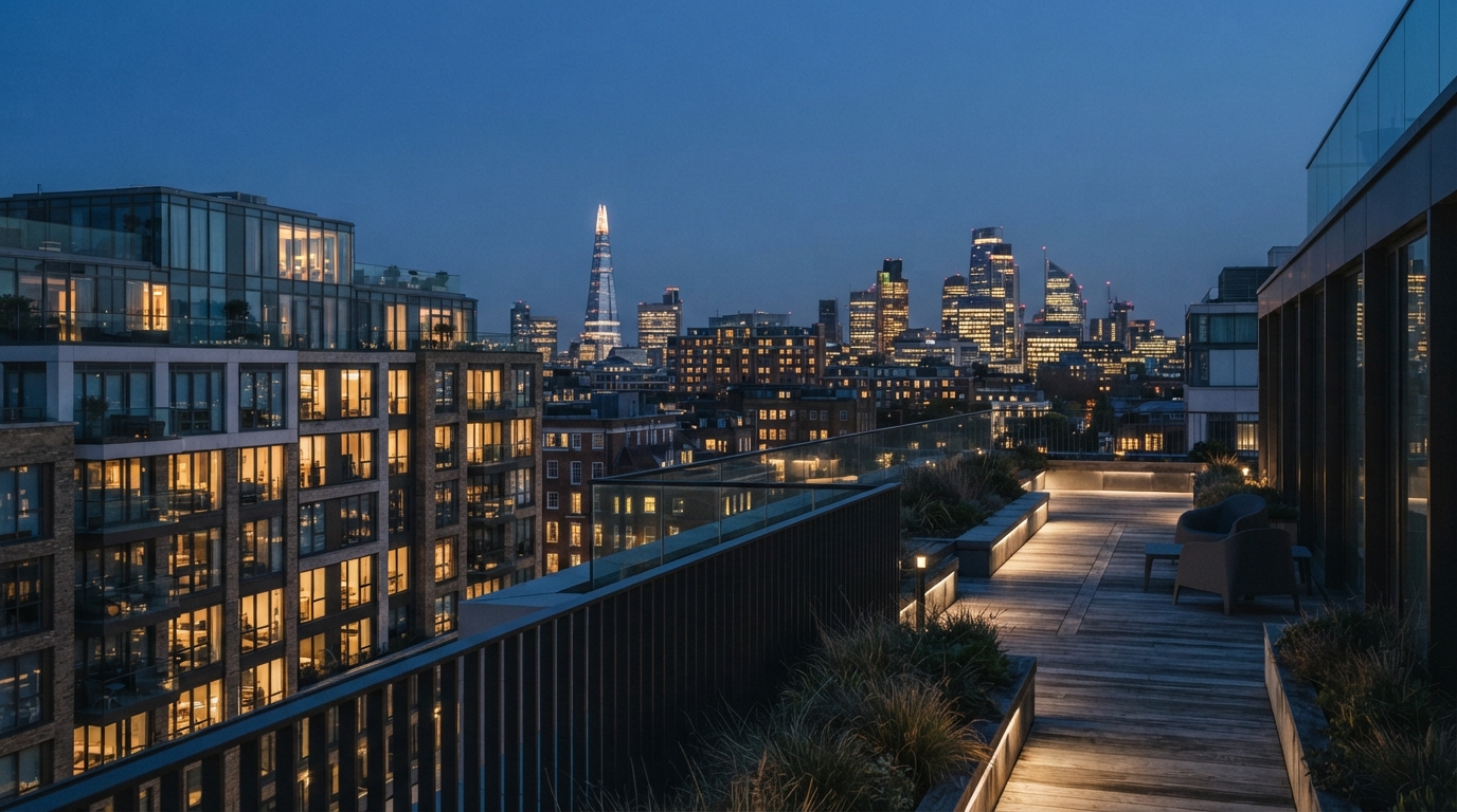 A modern British apartment building at blue hour, warmly lit windows contrasting with a cool city skyline, seen from a quiet