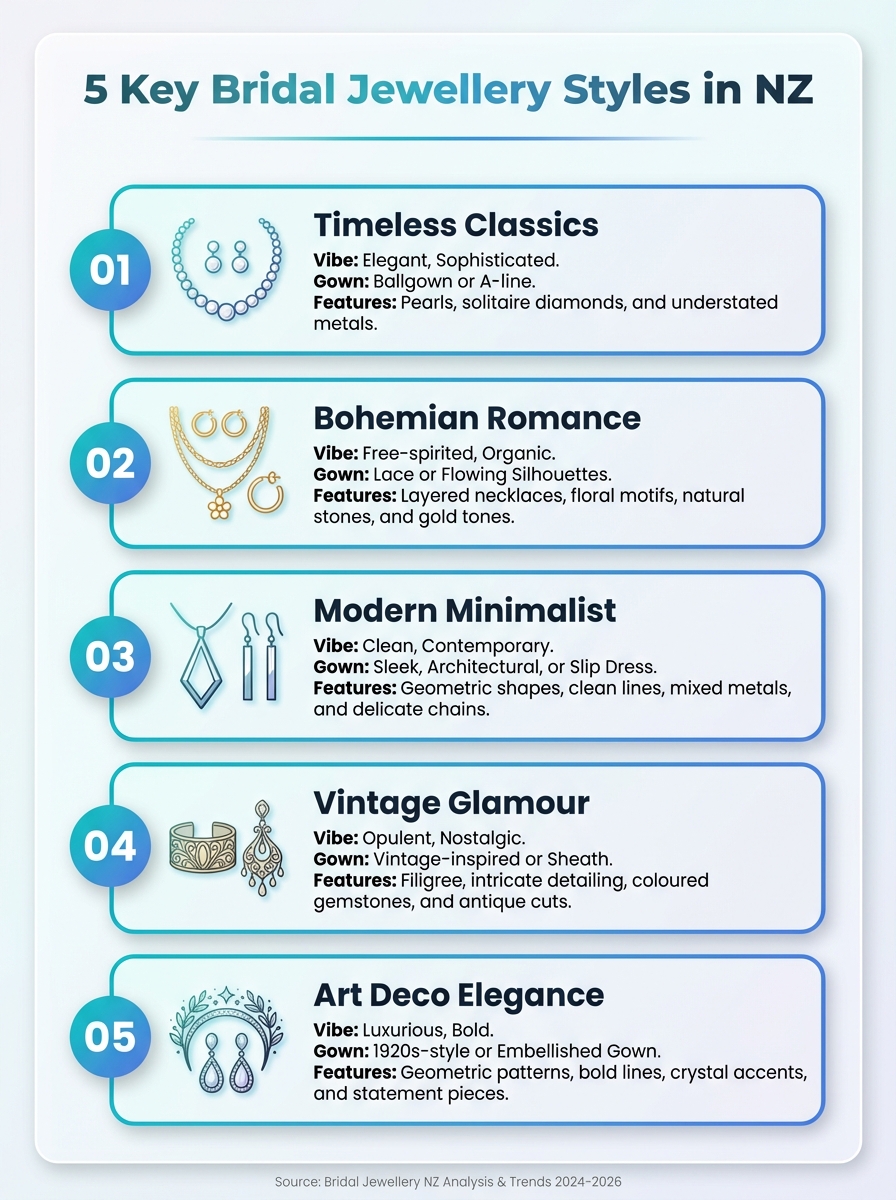 Infographic showing five key bridal jewellery styles in NZ, featuring Bridal Jewellery NZ trends.
