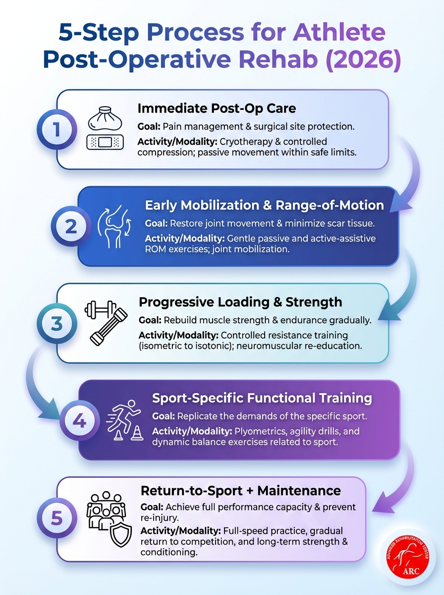 Infographic: 5-step post-operative rehab for athletes (2026) under professional post-operative physical therapy guidance.