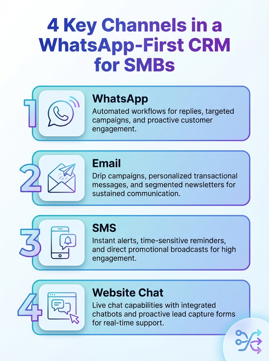 Four key channels visualized in a WhatsApp-first CRM for SMBs, illustrating multi-channel automation.