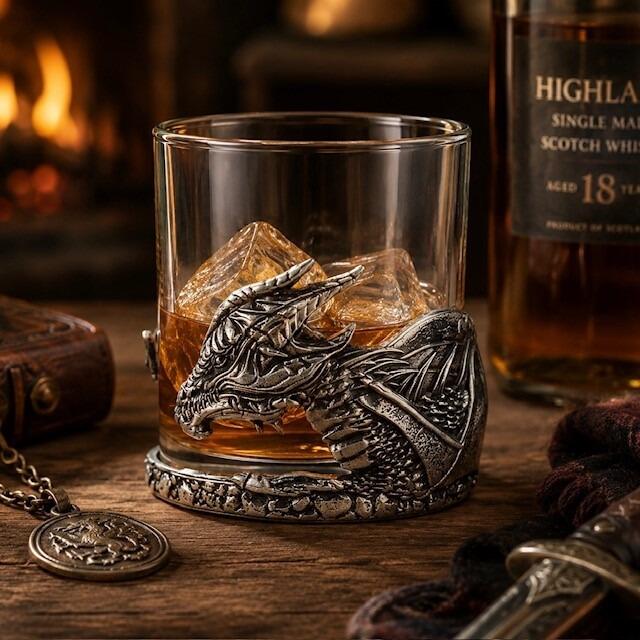 Luxury dragon pewter whisky tumbler with sculpted wing