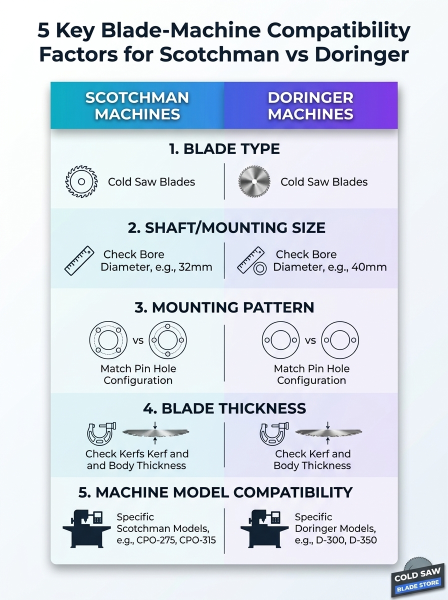 Scotchman vs Doringer blade-to-machine compatibility infographic: matching the right blade to the machine, 5 key factors
