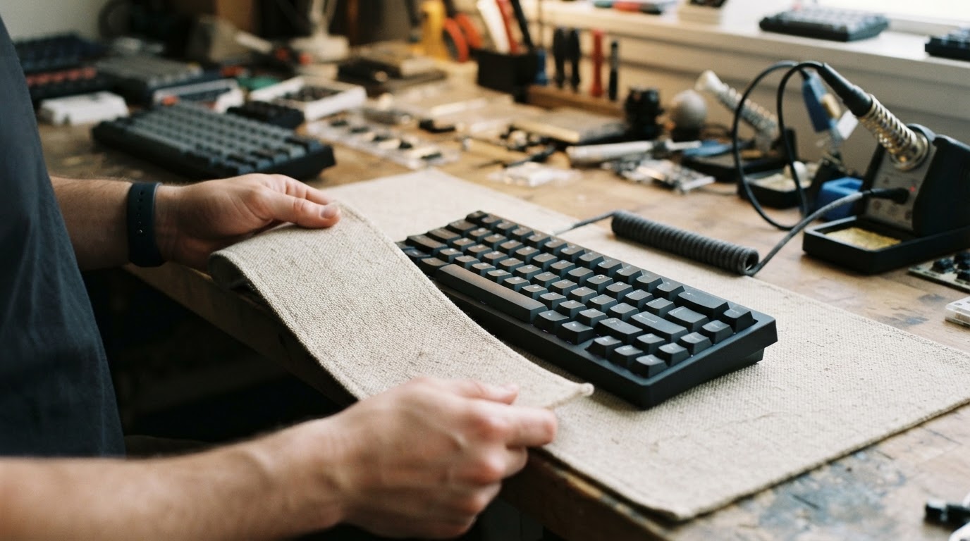 Close-up of hands comparing a pale woven desk mat with a dark mechanical keyboard under soft workshop lighting, showing