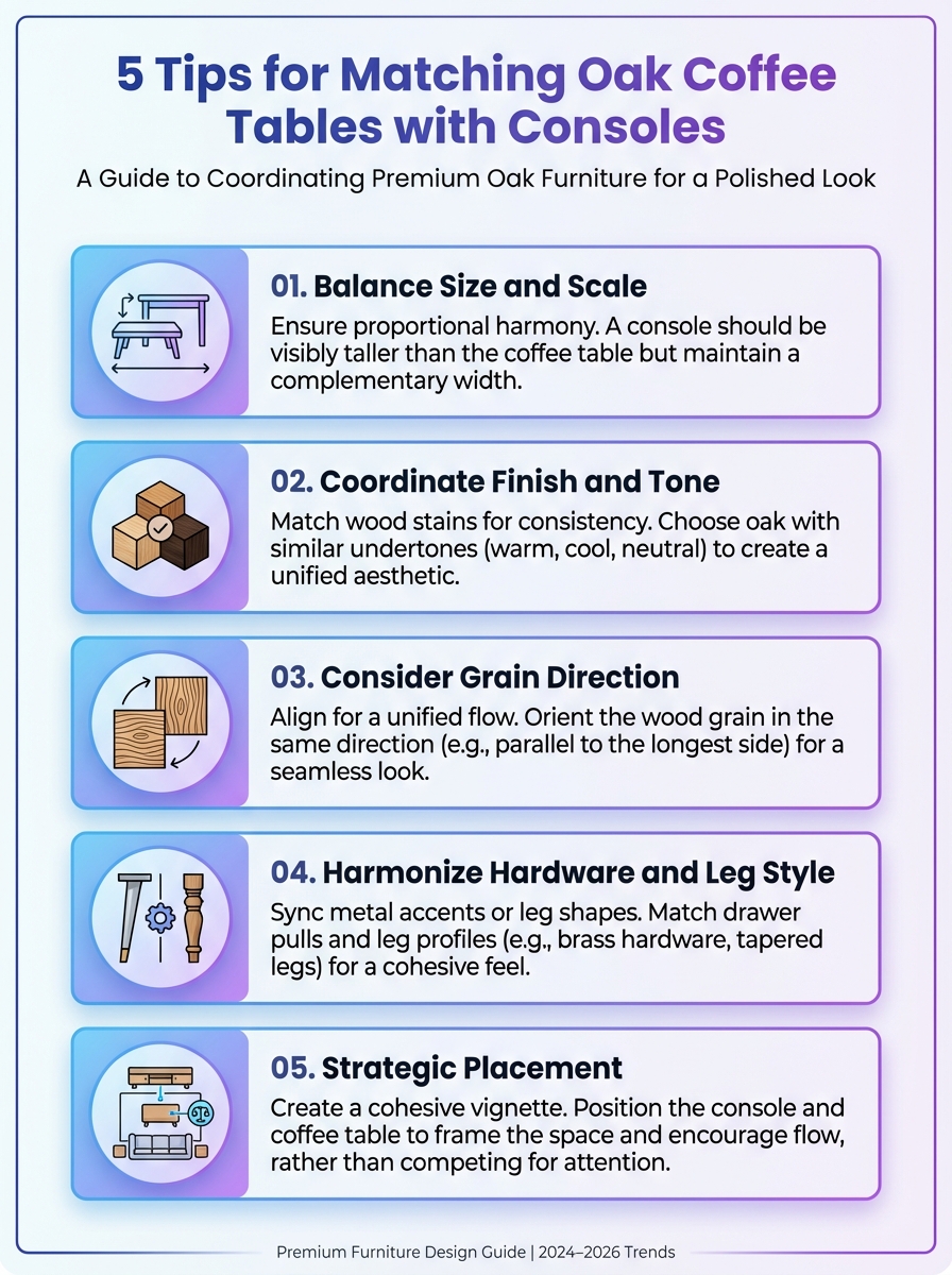 Infographic: 5 tips for matching oak coffee tables with consoles—styles, scale, finishes, placement.