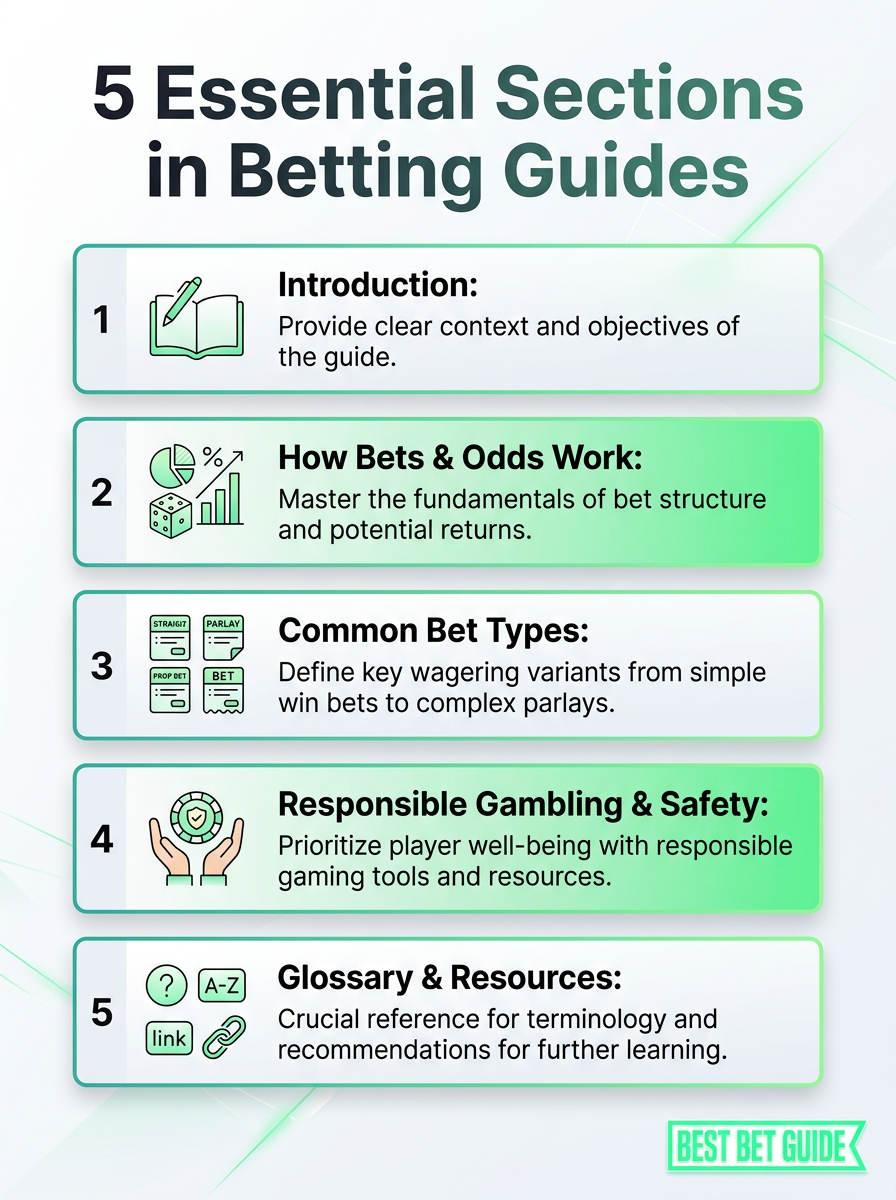 Infographic outlining 5 essential sections in betting guides, with key tips and examples.