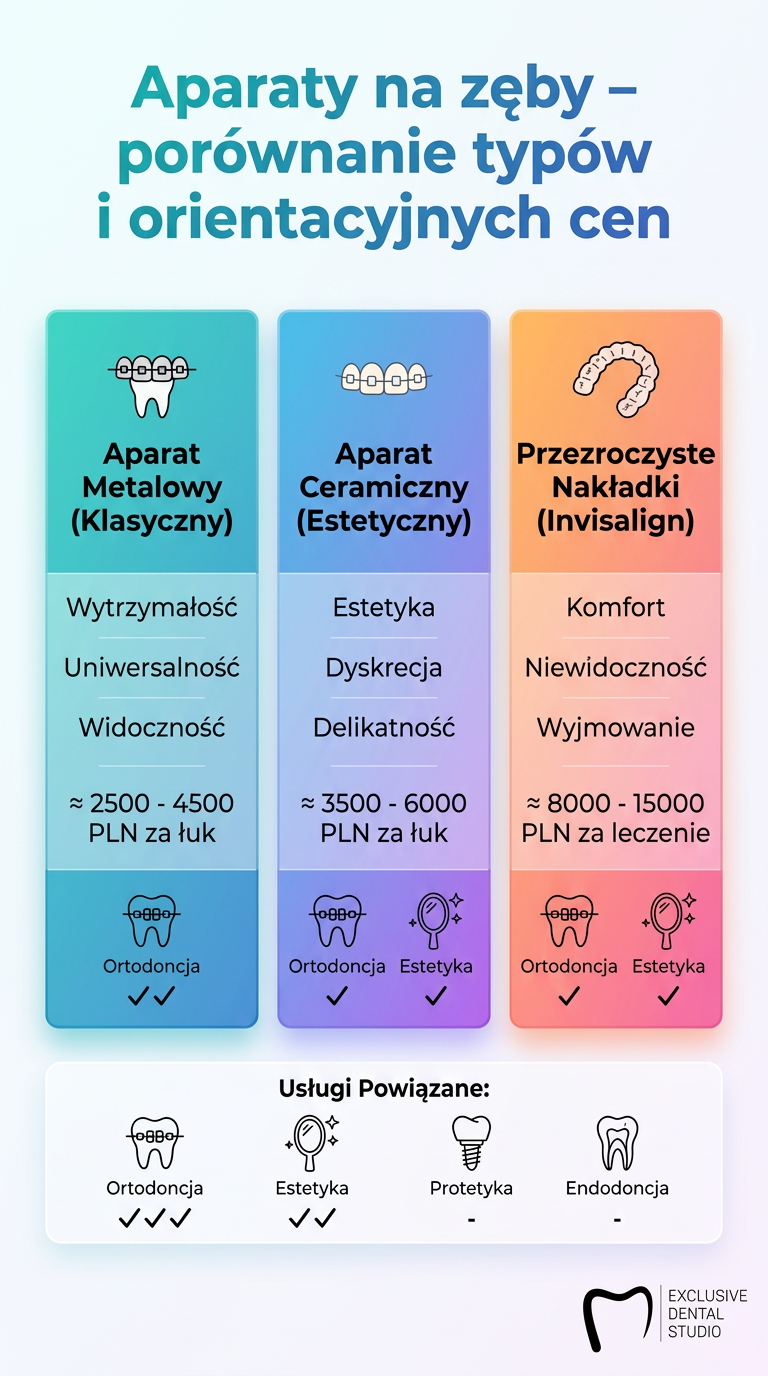 Infografika porównująca typy aparatów na zęby i ich orientacyjne ceny w Exclusive Dental Studio