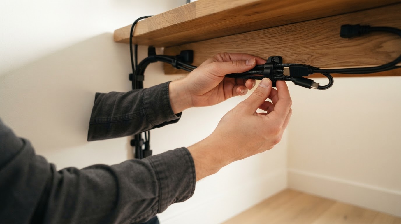 Close-up hands secure cable clips beneath a wooden desk, organizing power cords against a clean, softly lit wall.