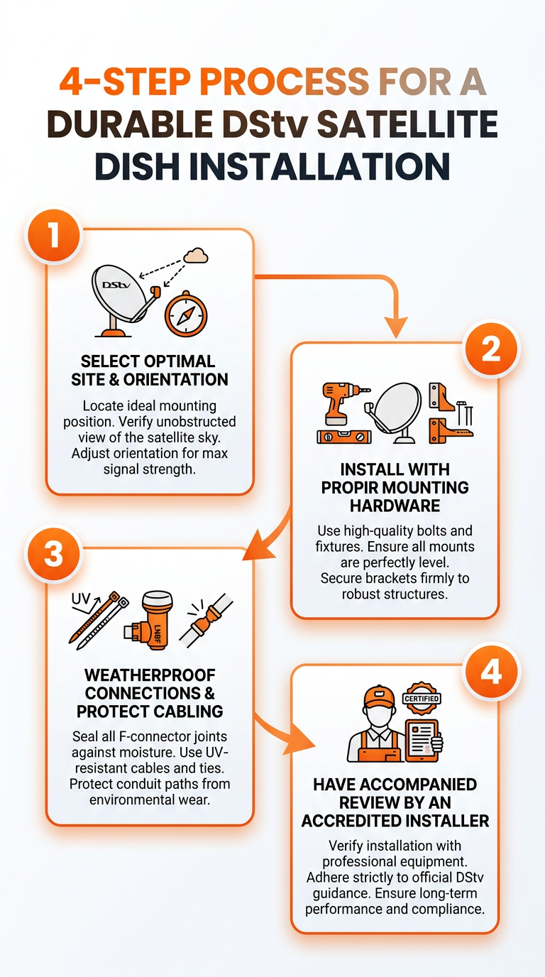 4-step process for a durable DStv satellite dish installation; durable dstv satellite dishes.