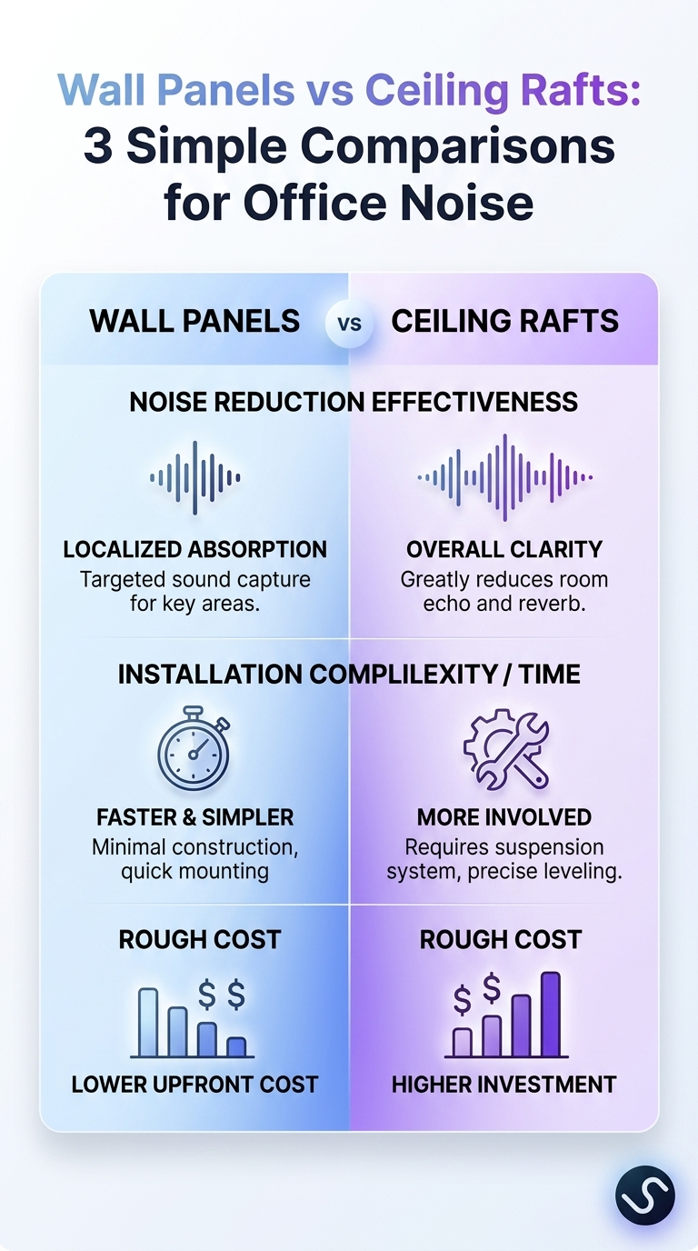 Comparing Wall Panels vs Ceiling Rafts for Office Noise: 3 simple comparisons
