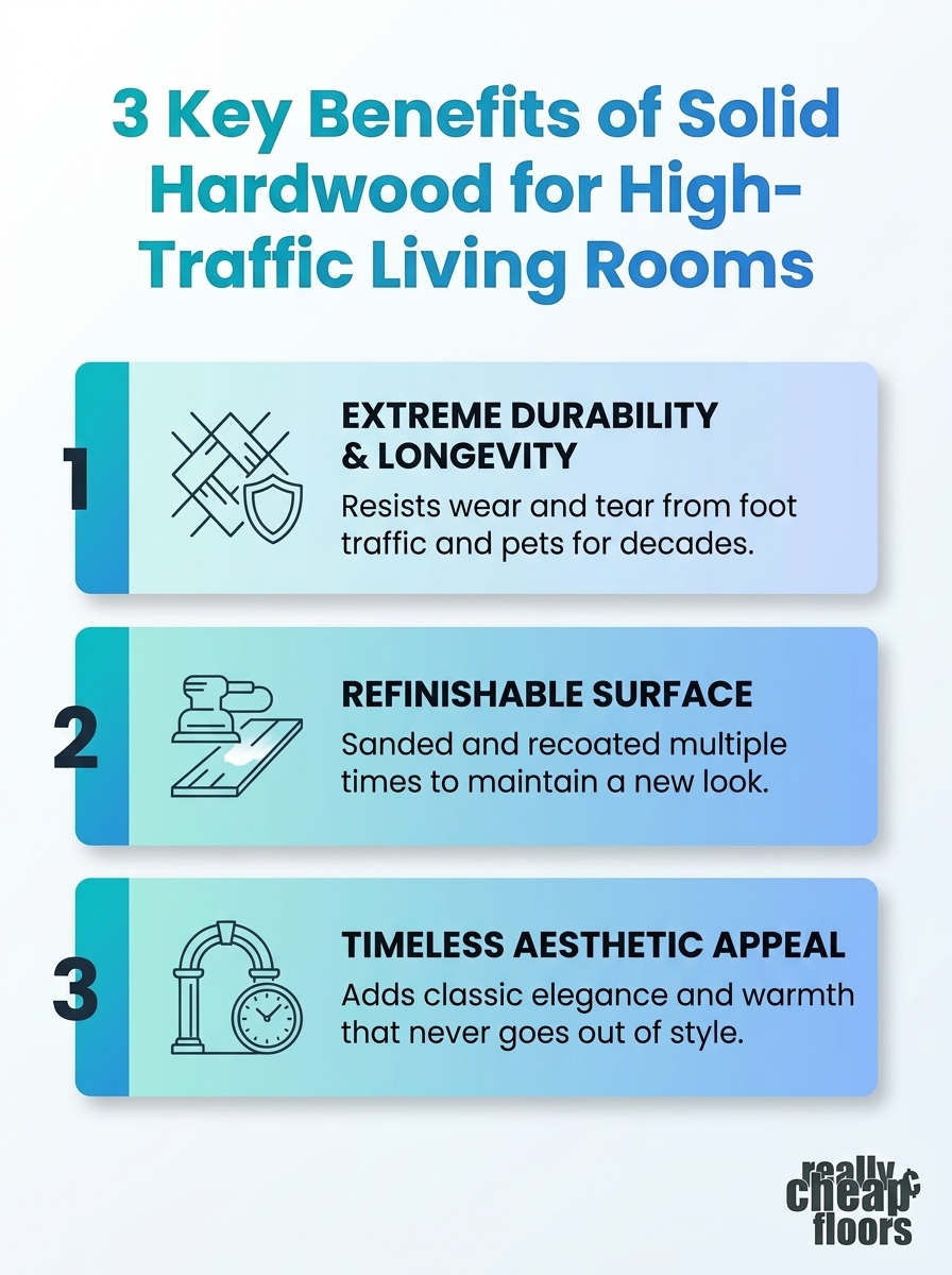 Best Solid Hardwood Flooring for High Traffic Living Rooms: 3 key benefits, durability, scratch resistance, timeless style.