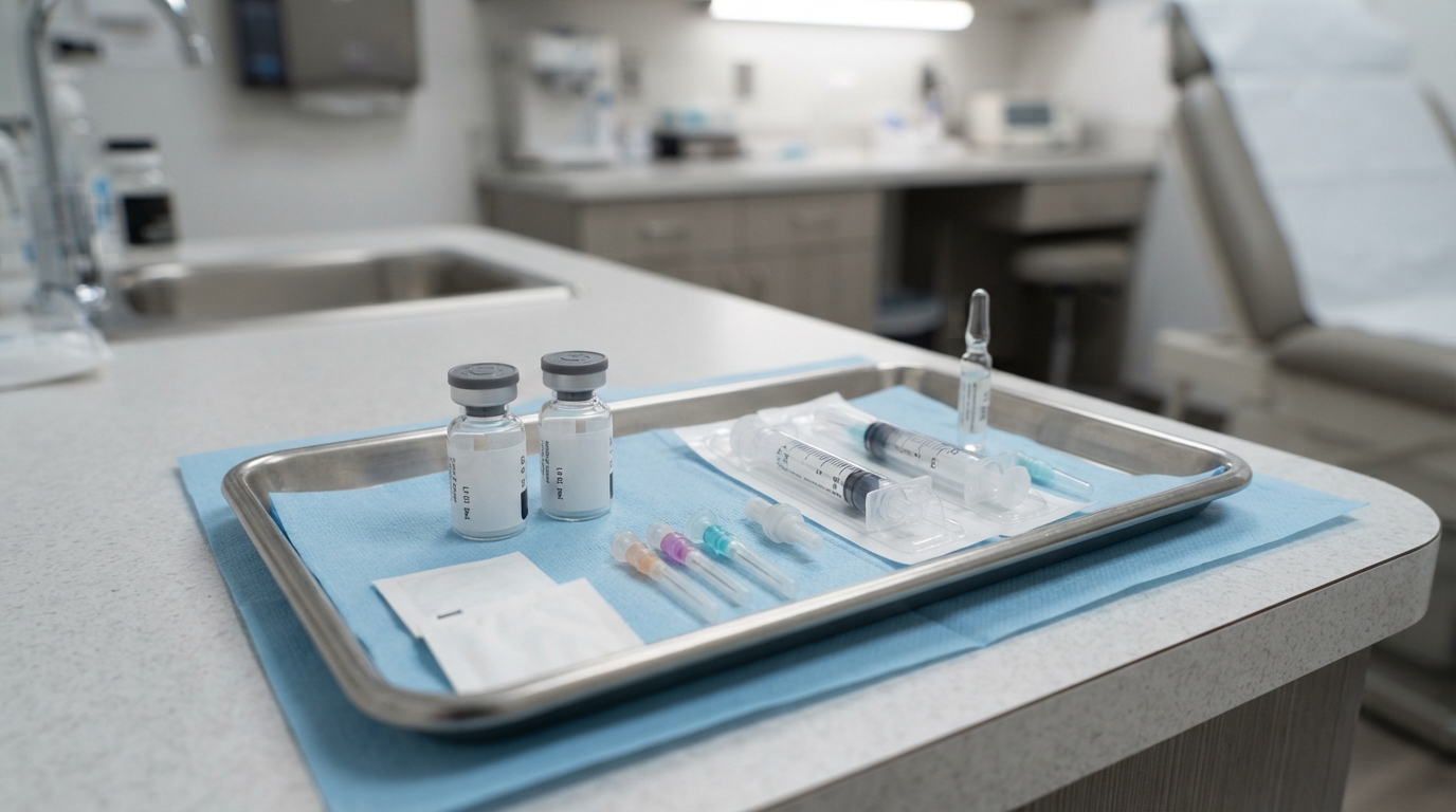 Unbranded sterile injectable vials, a syringe, and preparation supplies arranged on a clean clinical tray under bright