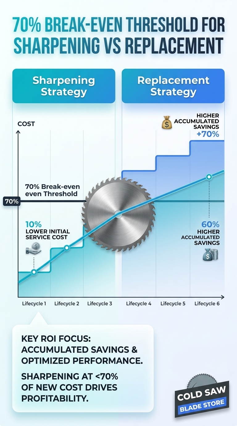 Infographic: sharpening vs replacement and the 70% break-even threshold for decisions.
