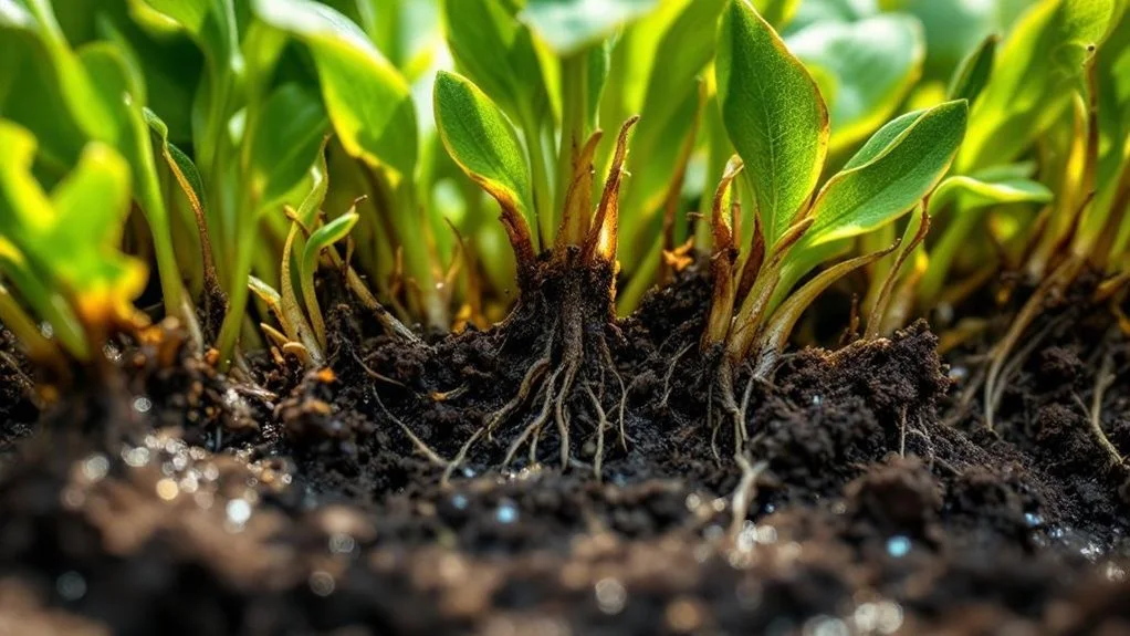 Close-up of green leafy seedlings growing in dark, moist soil, with exposed roots; no people.